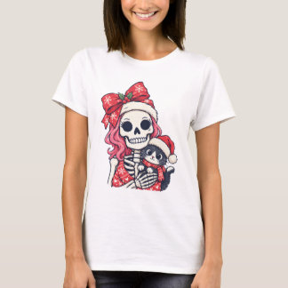 Camiseta Niña esqueleto de Navidad con gato