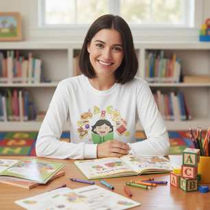 Camiseta Niña leyendo aprendiendo letras ABC y juguetes