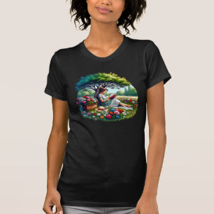 Camiseta Niña leyendo bajo un árbol rodeada de flores