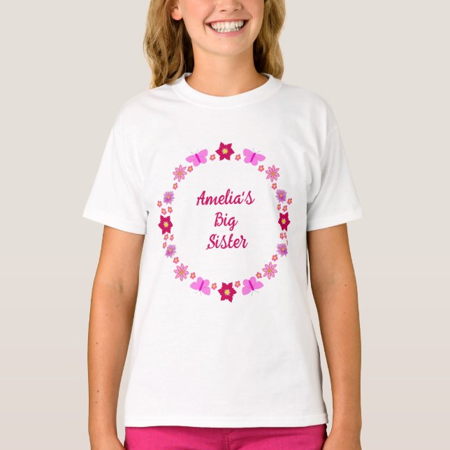 Camiseta Niña Rosa Mariposas y Flores Gran Hermana (Anverso)