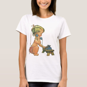 Camiseta Niña Rubia Linda Niño Antiguo Hablando en Teléfono