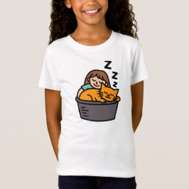 Camiseta Niña y gato naranja durmiendo en cubeta