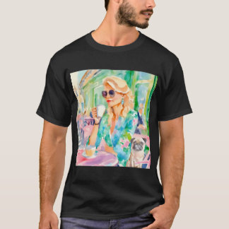 Camiseta Niña y su pug en un café parisino, acuarela pa