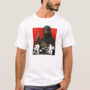 Camiseta Ninja en negro con fondo kanji y rojo