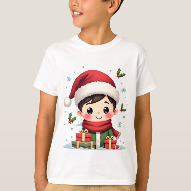 Camiseta Niño agudo de Navidades con regalos y Santa (Anverso)