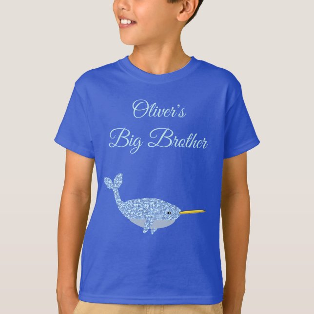 Camiseta Niño Azul lindo Personalizado Narwhal Gran Hermano (Anverso)