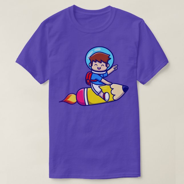 Camiseta Niño Corto Volando Con Un Cohete De Lápiz (Diseño del anverso)