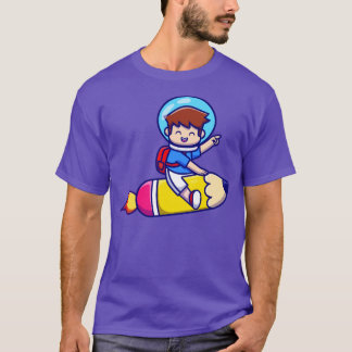 Camiseta Niño Corto Volando Con Un Cohete De Lápiz