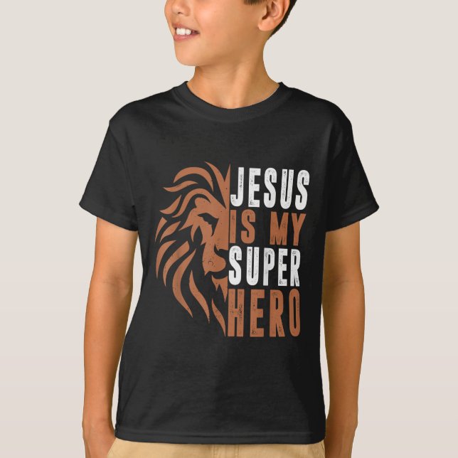 Camiseta Niño Jesús es mi superhéroe Dios Cristiano Hijo Br (Anverso)