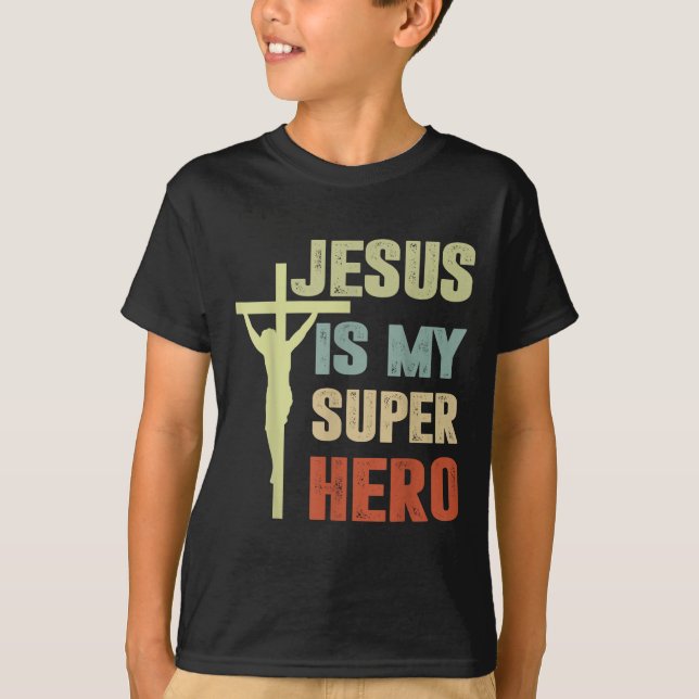 Camiseta Niño Jesús es mi superhéroe Dios Cristiano Hijo Br (Anverso)