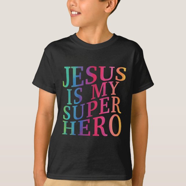 Camiseta Niño Jesús es mi superhéroe Dios Cristiano Hijo Br (Anverso)