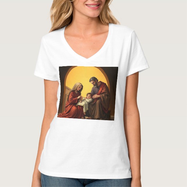 Camiseta Niño Jesús María y José Tee de cuello-V de las muj (Anverso)
