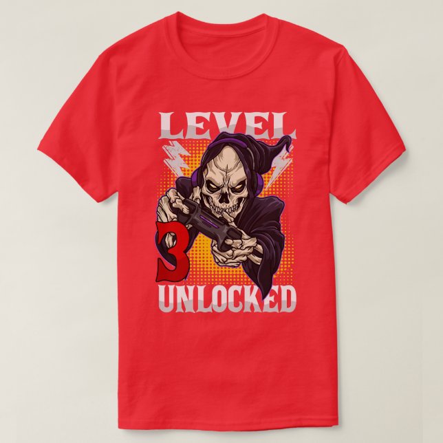 Camiseta Niños 3er Cumpleaños Gamer Skeleton Nivel 3 Desblo (Diseño del anverso)