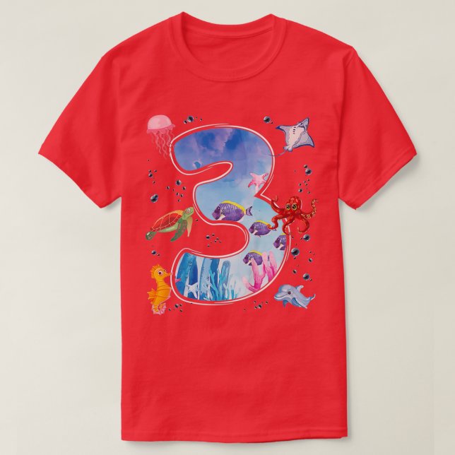 Camiseta Niños 3er cumpleaños Océano Fiesta de tres años Pe (Diseño del anverso)