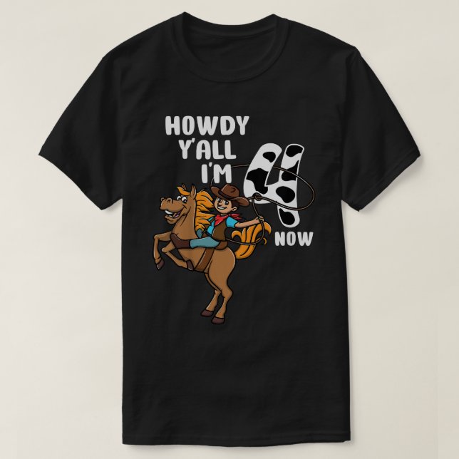 Camiseta Niños 4 cumpleaños Rodeo Oeste Cowboy Howdy Y'all (Diseño del anverso)