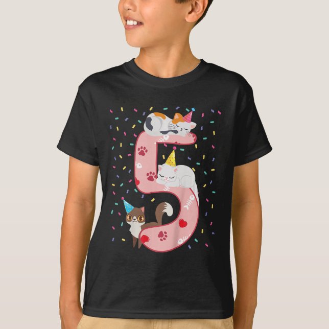 Camiseta Niños 5 Chicas de cumpleaños con traje de gato de  (Anverso)