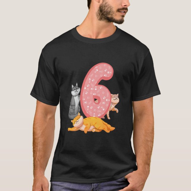 Camiseta Niños 6 cumpleaños Gato rosado Tema de gatos pájar (Anverso)
