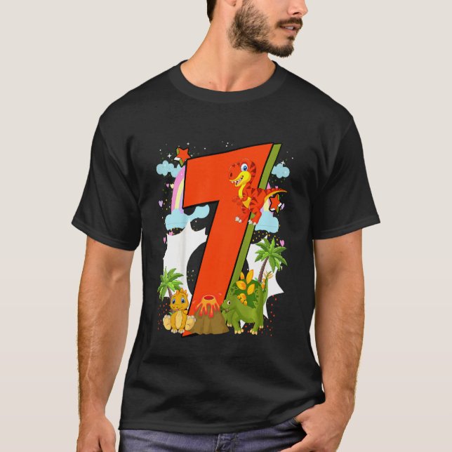 Camiseta Niños 7 Años De Cumpleaños Con Dino Y Dinos (Anverso)