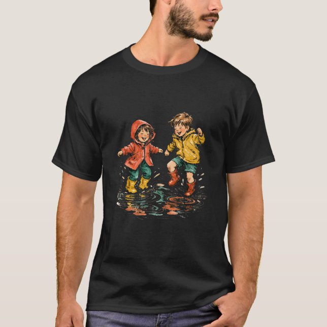 Camiseta Niños Alegres Saltando en Charcos de Lluvia Acuare (Anverso)