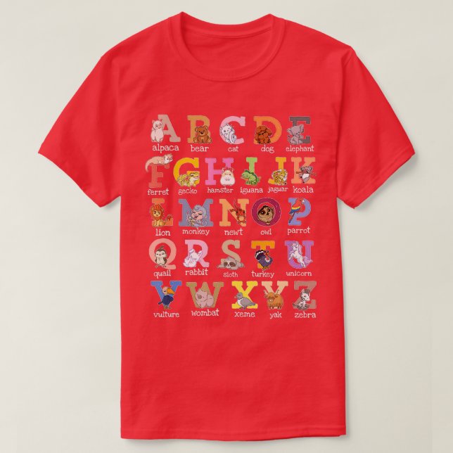 Camiseta Niños Alfabetizados Letras Perro Gato Parro Hamste (Diseño del anverso)