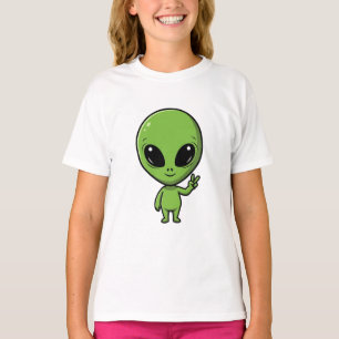 Camiseta Niños con signo de paz de alienígena verde Chibi