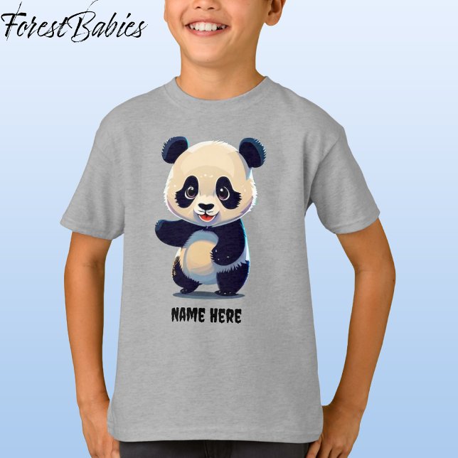 Camiseta Niños Cute Panda Naturaleza del Oso Animal Persona (🐼 Panda Bear, Gray Customizable ForestBabies T-shirt - Front)