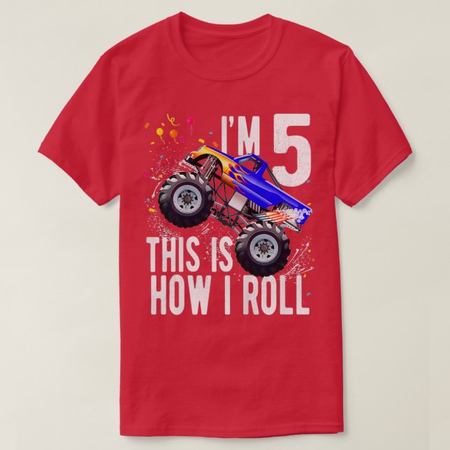 Camiseta Niños de 5 años Quinto Aniversario Monstruo Camión (Diseño del anverso)