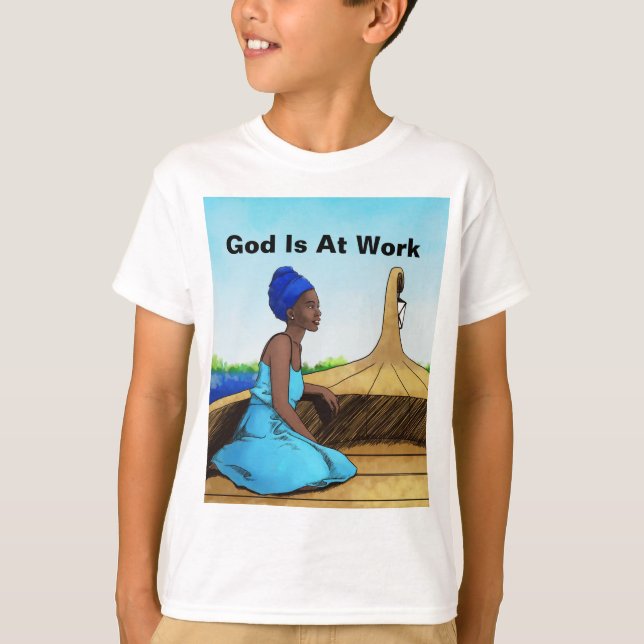 Camiseta Niños, Dios está trabajando (Anverso)