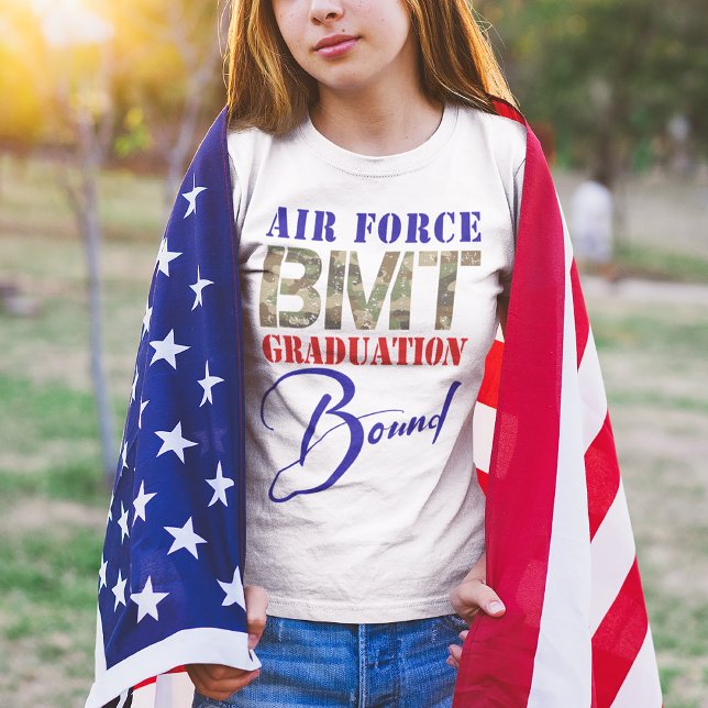 Camiseta Niños Fuerza Aérea BMT Graduación Bound Front Back (Youth size Air Force BMT Graduation Bound t-shirt for boys and girls, basic military training, camo)