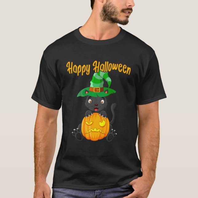 Camiseta Niños Halloween Calabaza Cuidada Pequeña Bruja Gat (Anverso)