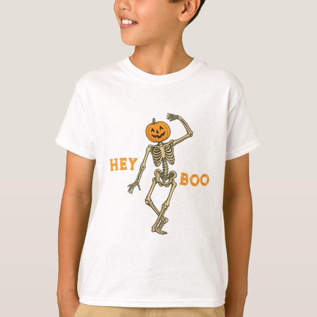 Camiseta Niños Halloween Skeleton Cabeza de calabaza "¡Hey  (Anverso)