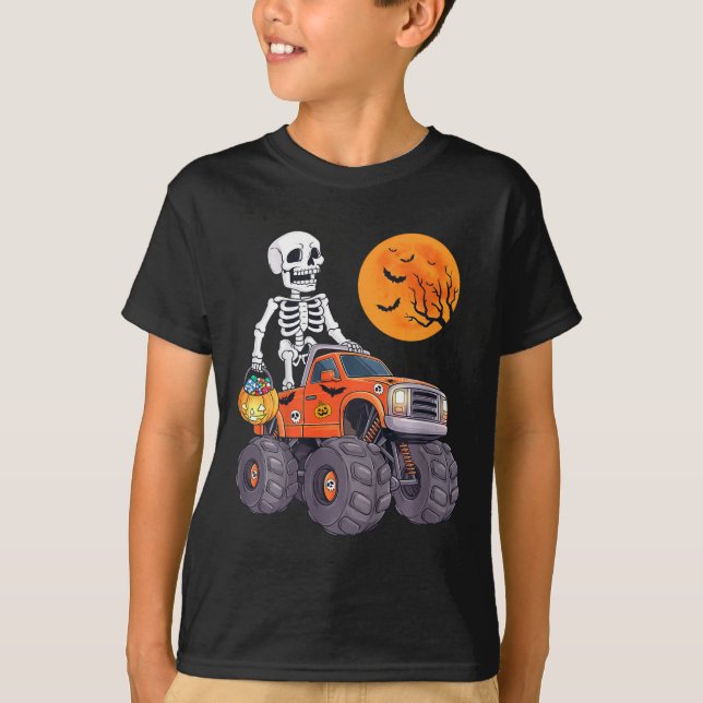 Camiseta Niños Halloween Skeleton Riding Monster Truck Funn (Anverso)
