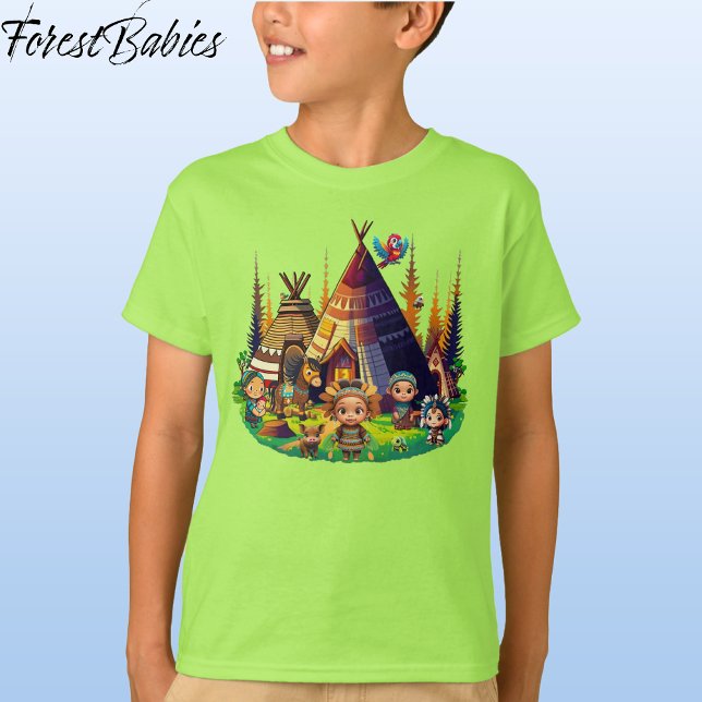 Camiseta Niños indígenas americanos indios, tipis y animale (Indigenous, Green Customizable ForestBabies T-shirt - Front)