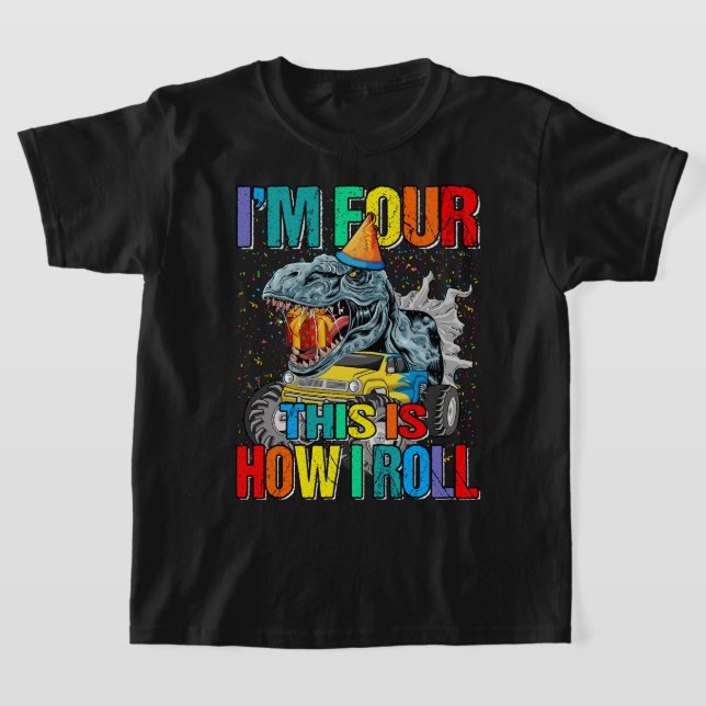 Camiseta Niños Monstruo de 4 años Camión Dinosaurio Cumplea (Distribución)