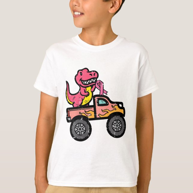 Camiseta Niños Monstruo de Dino Rosado Camión Cáncer de Mam (Anverso)