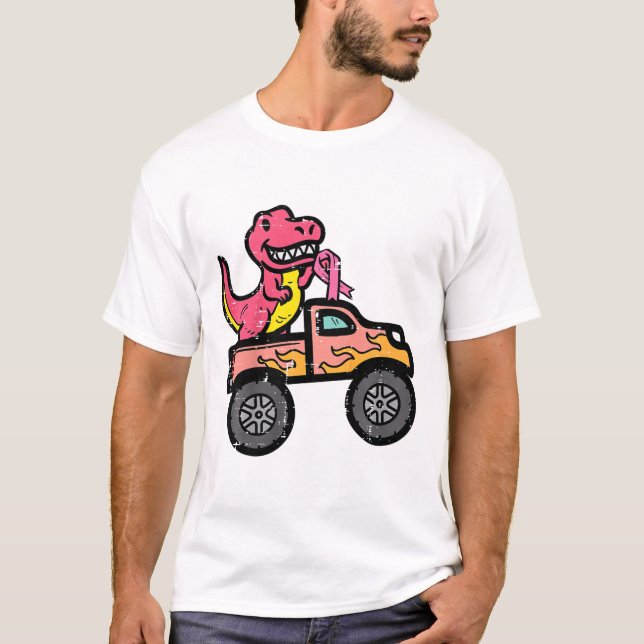 Camiseta Niños Monstruo de Dino Rosado Camión Cáncer de Mam (Anverso)