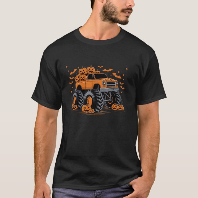 Camiseta Niños Monstruo Halloween Camión Calabaza Masajista (Anverso)