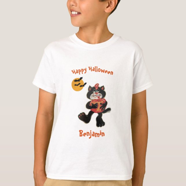 Camiseta Niños Nombran Halloween Cute Gato Negro Murciélago (Anverso)