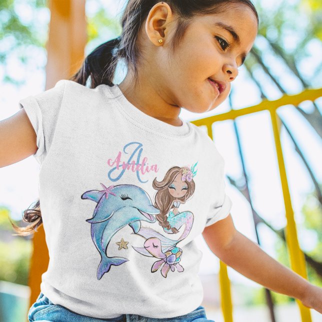 Camiseta Niños Personalizados de sirenas marrones nombran C (Brown Mermaid Custom Kids Name Pink Girl T-Shirt
)