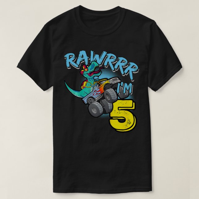 Camiseta Niños Rawr Im 5 5 Monstruo de Cumpleaños Camión TR (Diseño del anverso)