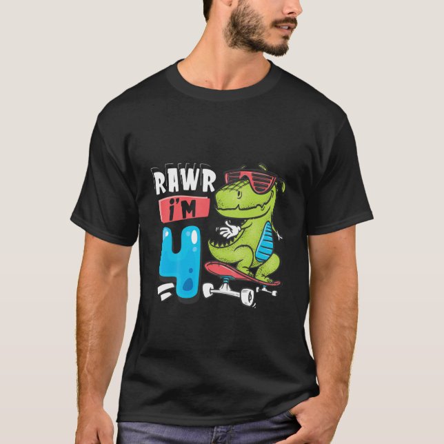 Camiseta Niños Rawr Tengo 4 T Rex Dinosaur Skateboard Niños (Anverso)