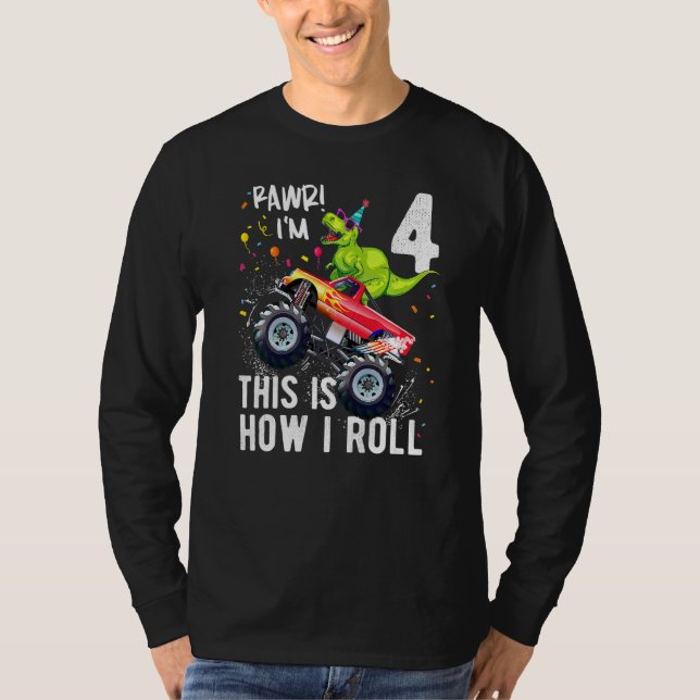 Camiseta Niños Rex Dinosaurio Monstruo Camión 4º Cumpleaños (Anverso)