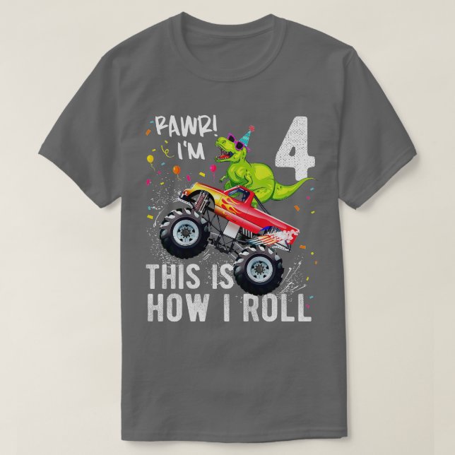 Camiseta Niños T Rex Dinosaurio Monstruo Camión 4º Nacimien (Diseño del anverso)