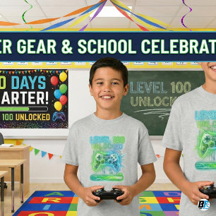 Camiseta Nivel 100 Desbloqueado Gamer 100º Día de Escuela