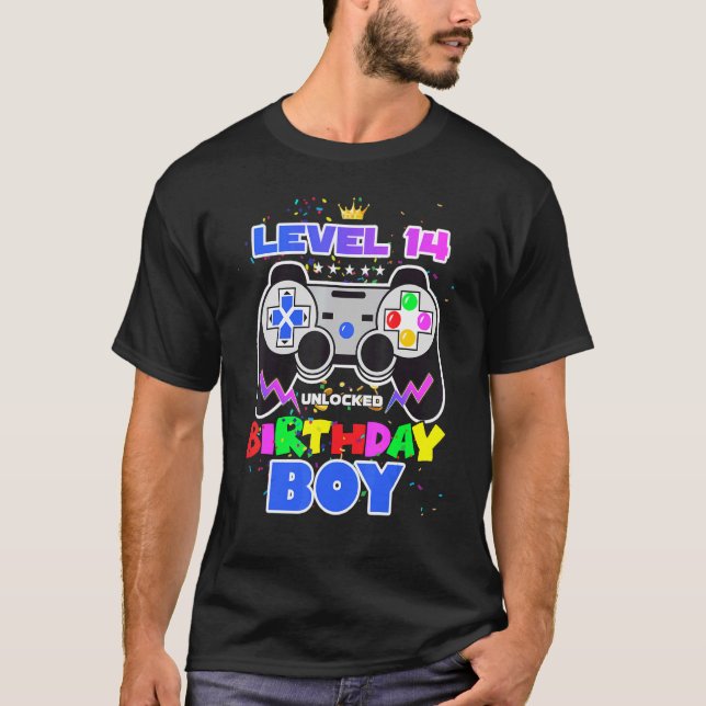 Camiseta Nivel 14 Videojuego de 14º cumpleaños desbloqueado (Anverso)