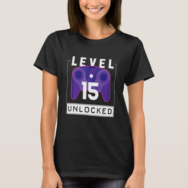 Camiseta Nivel 15 Desbloqueado 15º cumpleaños de jugador 1 (Anverso)