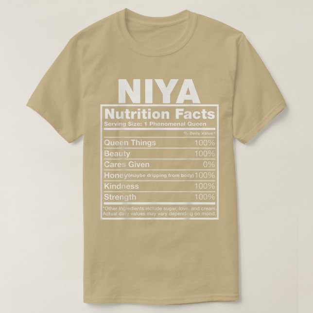 Camiseta Niya Nutrition FactsNiya Nombre cumpleaños  (Diseño del anverso)