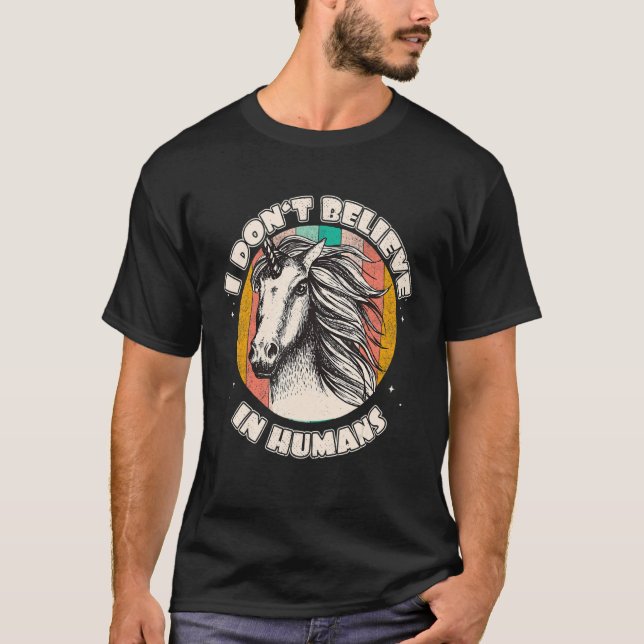 Camiseta No creo en humanos retro Unicornio mágico Q (Anverso)