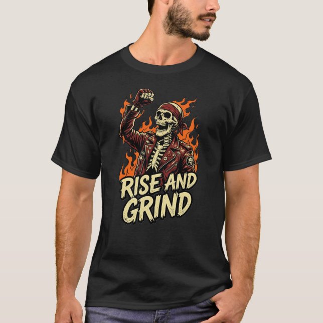 Camiseta No Guts No Glory Skull Biker Rise And Grind Fire (Anverso)