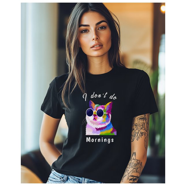 Camiseta No hago las mañanas gafas de sol Gato Pop Art Mode (Colorful, modern artistic drawing of a cat wearing sunglasses and the words "I don't do mornings")